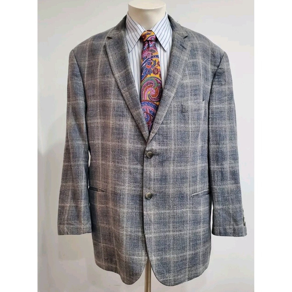 Jos A Bank Men Sport Coat 48 R Gray Plaid Wool Linen Silk Button Tailored Fit